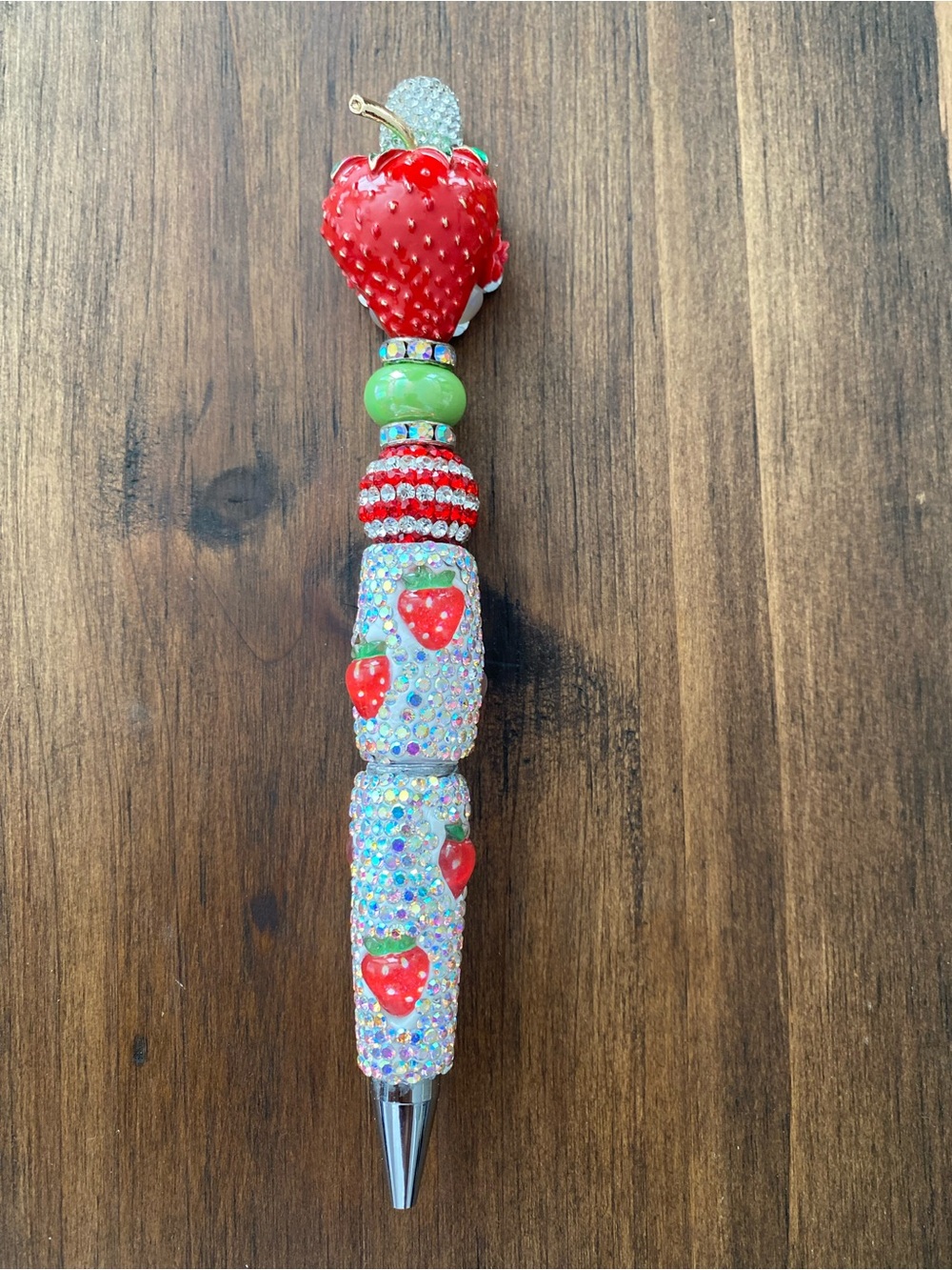 Rhinestone Strawberry Ballpoint Pen - Red & Green